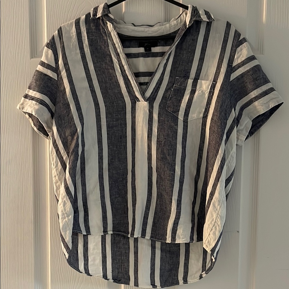 J. Crew Blue and White Linen V-Neck
